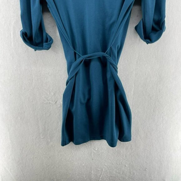 Max Studio Dress XS Teal Blue Collared V-Neck 3/4 Sleeve Roll-Tab Stretch Belted - Picture 9 of 11